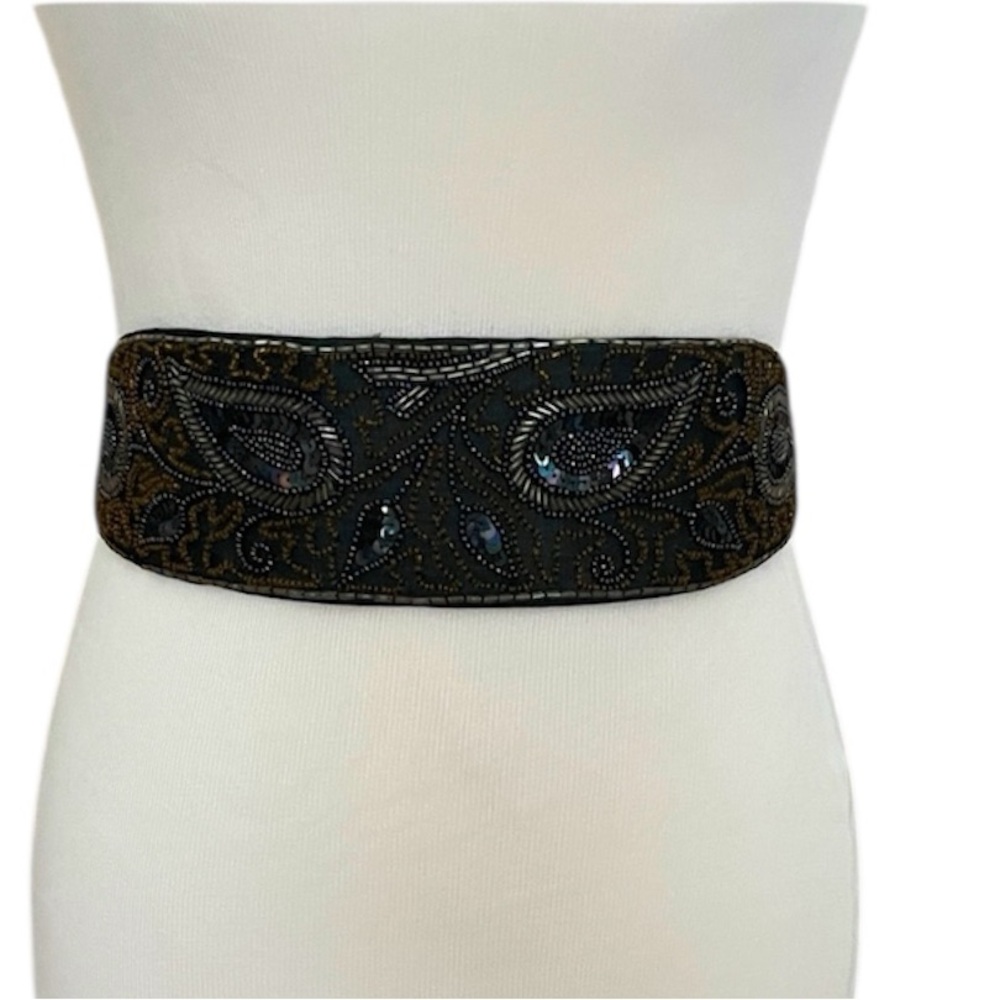 Vintage Black Beaded Wrap Belt with Paisley Design | Size S